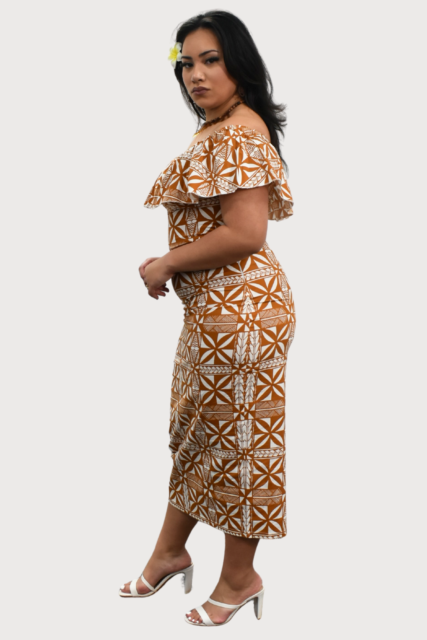 LANI - OFF SHOULDER FRILL MIDI DRESS - BEIGE & WHITE