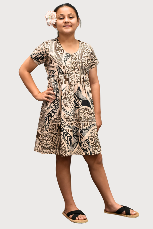 SARAH GIRLS DRESS - FLOWY DRESS - TAN & BLACK