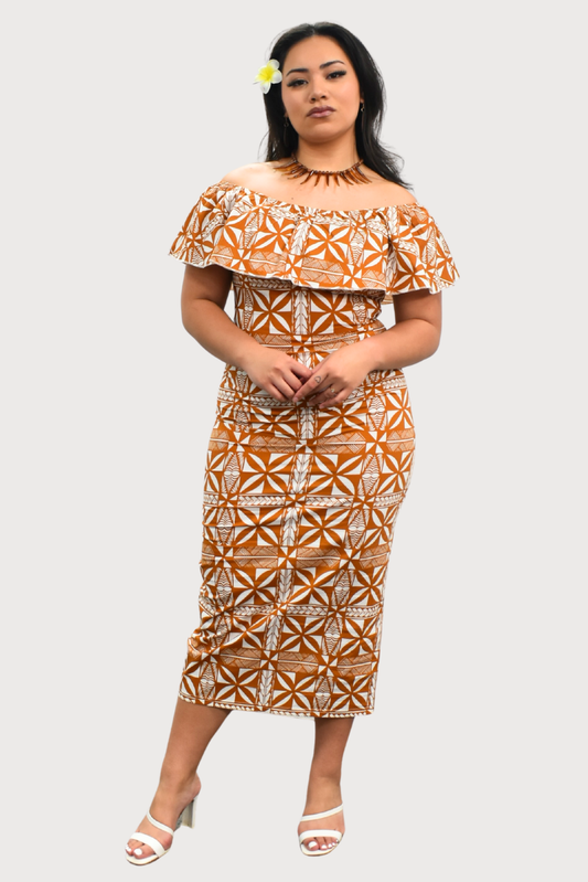 LANI - OFF SHOULDER FRILL MIDI DRESS - BEIGE & WHITE