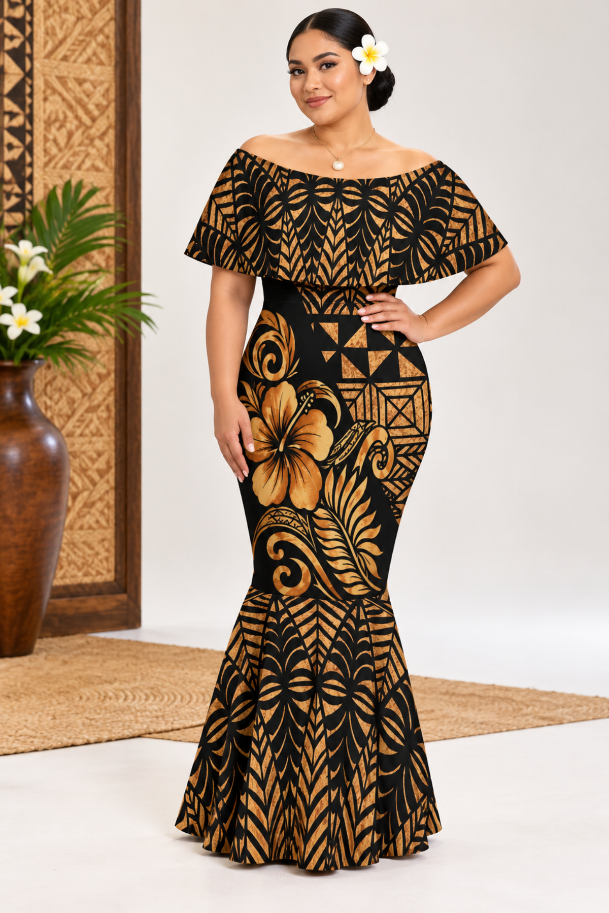 (PRE-ORDER) DRESS - OFF SHOULDER FRILL MAXI - BEIGE & BLACK