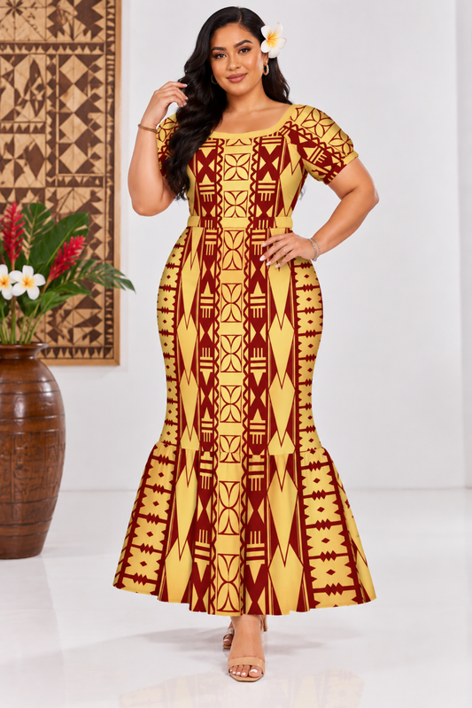 (PRE-ORDER) DRESS - HIGHWAIST FLOWY DRESS - GOLD & MAROON