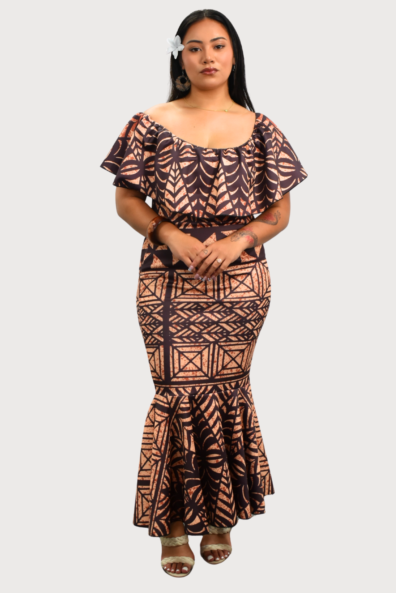 DRESS - OFF SHOULDER FRILL MAXI - BROWN