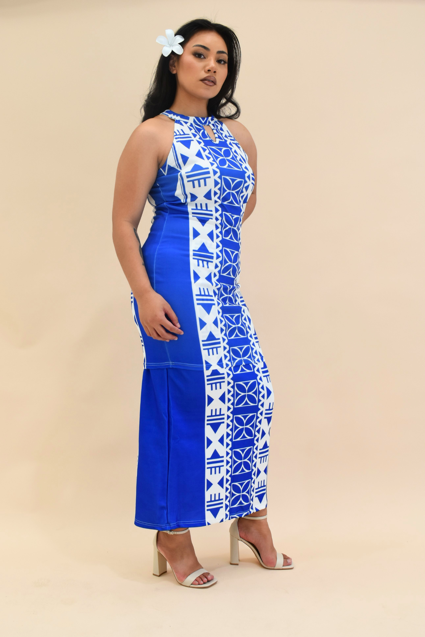 (PRE-ORDER) ELEI PULETASI  - HALTER NECK PULETASI - TWO PIECE OUTFIT - BLUE & WHITE