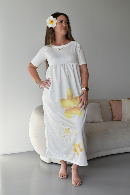 (PRE-ORDER) GOLD TIARE - HIGH WAISTED MAXI DRESS - GOLD & WHITE