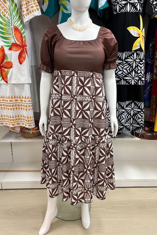 ADJUSTABLE NECKLINE A-LINE MIDI DRESS - BROWN & WHITE - SIZE S & M