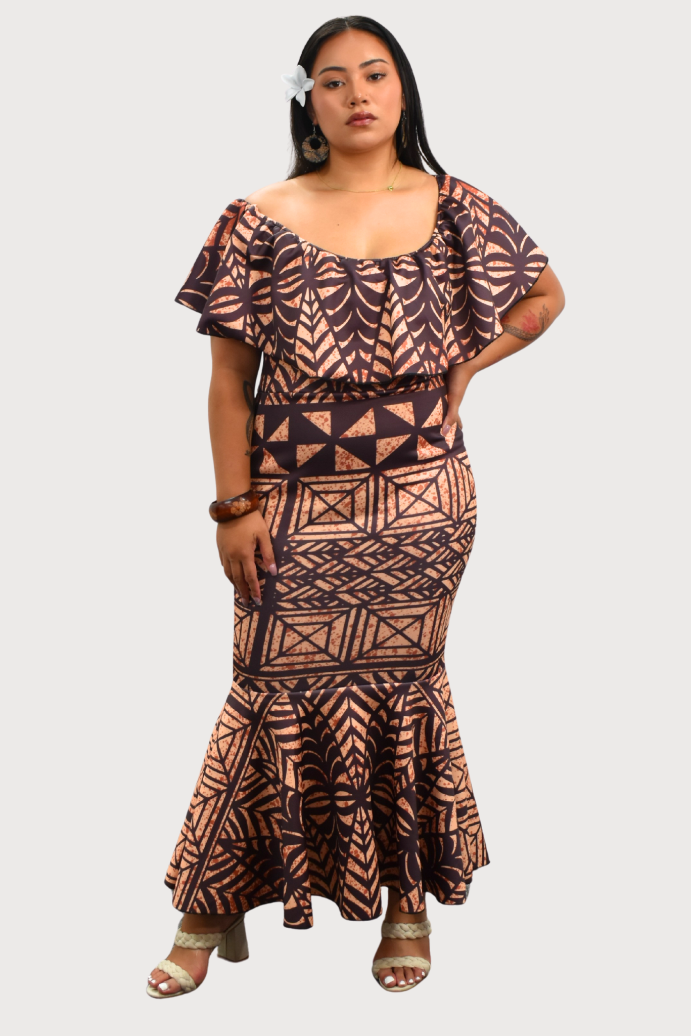 DRESS - OFF SHOULDER FRILL MAXI - BROWN