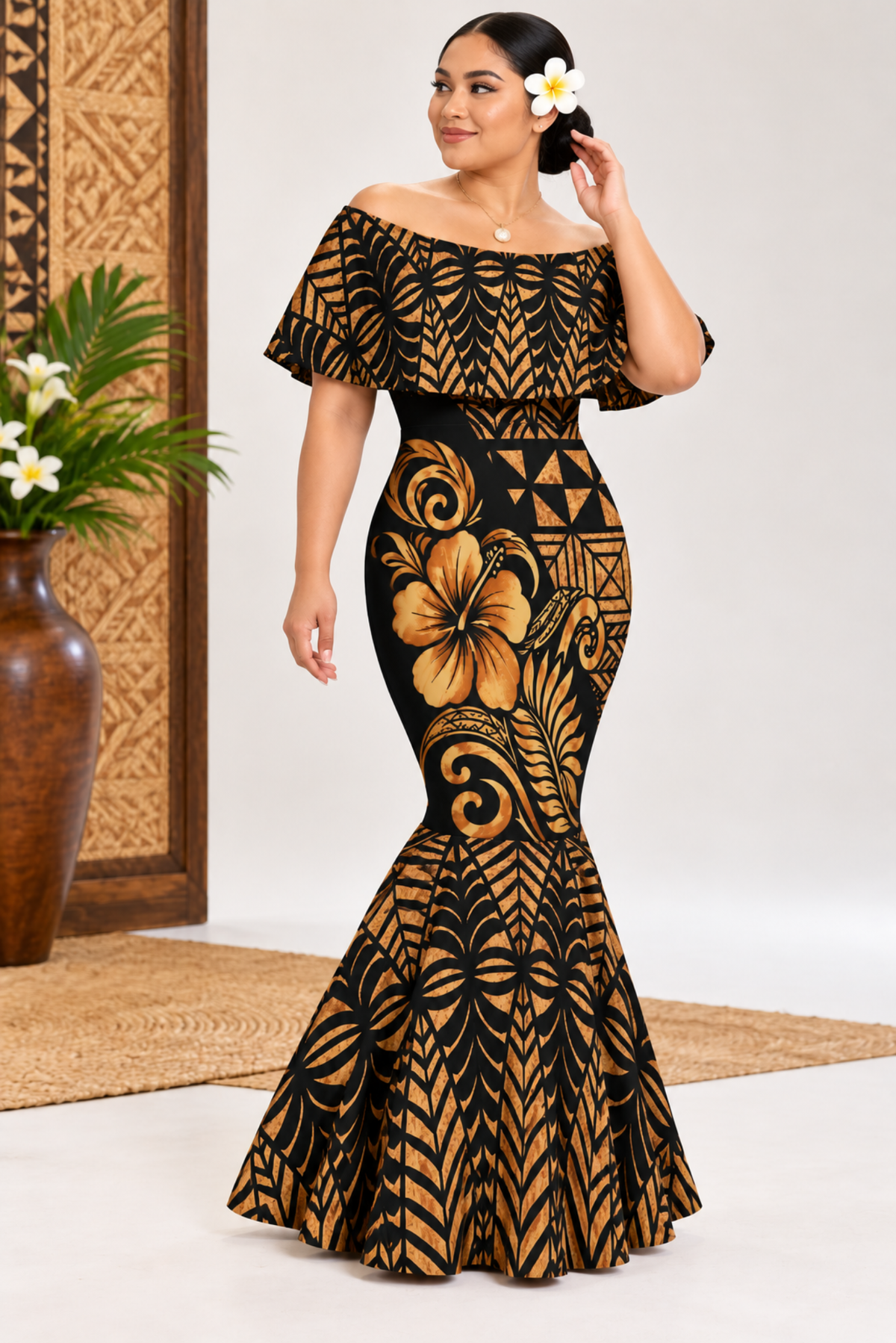(PRE-ORDER) DRESS - OFF SHOULDER FRILL MAXI - BEIGE & BLACK