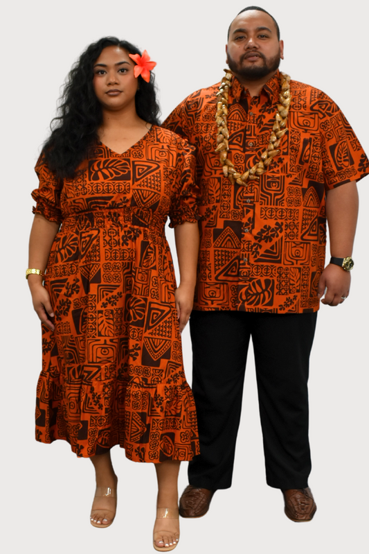 ANNA DRESS - ELASTIC WAIST A-LINE DRESS - ORANGE & BROWN