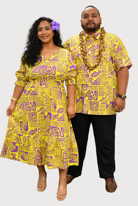 ANNA DRESS - ELASTIC WAIST A-LINE DRESS - YELLOW & PURPLE