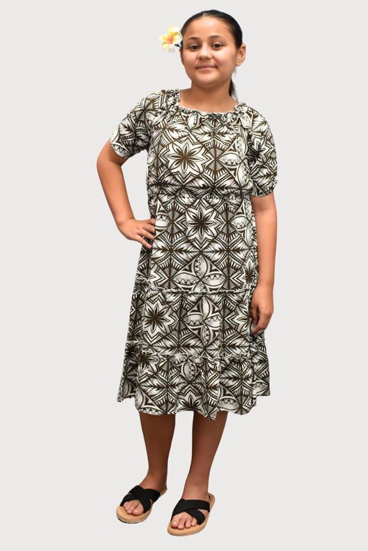 MARIAH GIRLS DRESS - FLOWY DRESS - BROWN & WHITE