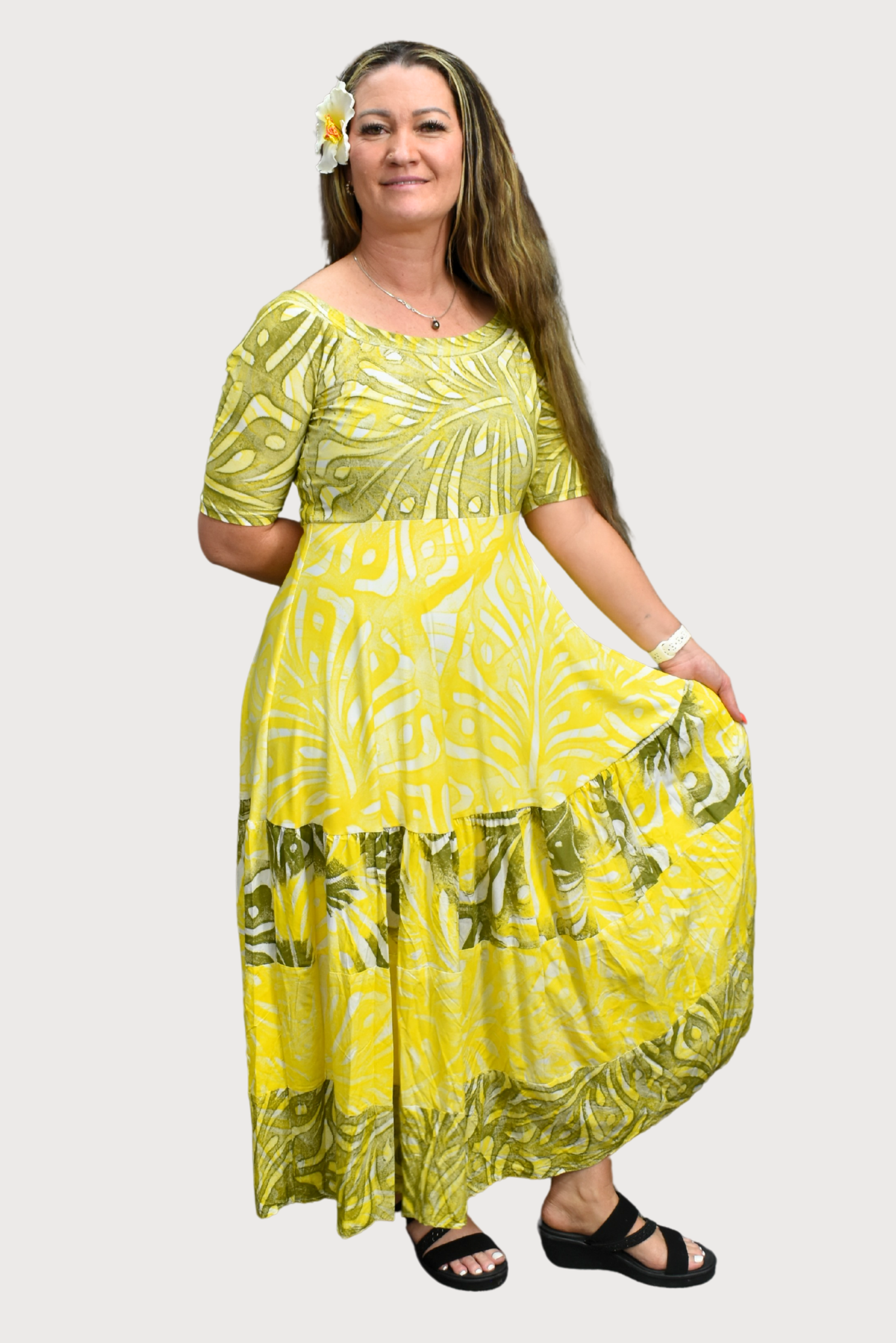 YELLOW ISLAND HIGH WAISTED DRESS - SIZE 16