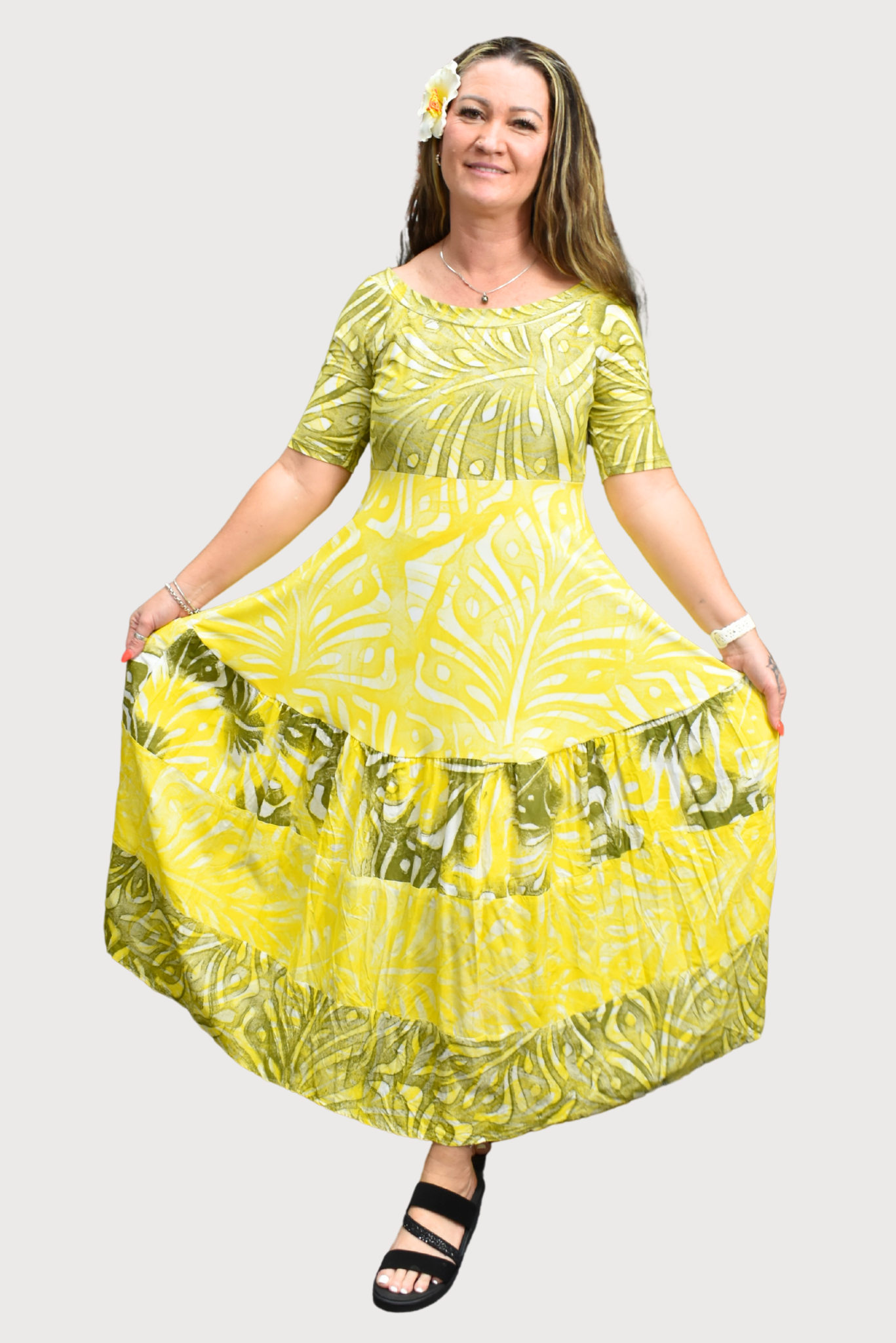 YELLOW ISLAND HIGH WAISTED DRESS - SIZE 16
