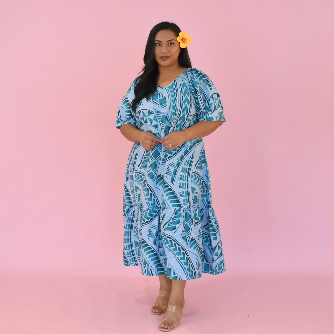 ANNA DRESS - V NECK MIDI LENGTH DRESS - LIGHTER BLUE
