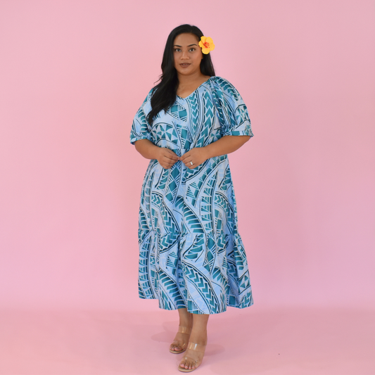 ANNA DRESS - V NECK MIDI LENGTH DRESS - LIGHTER BLUE