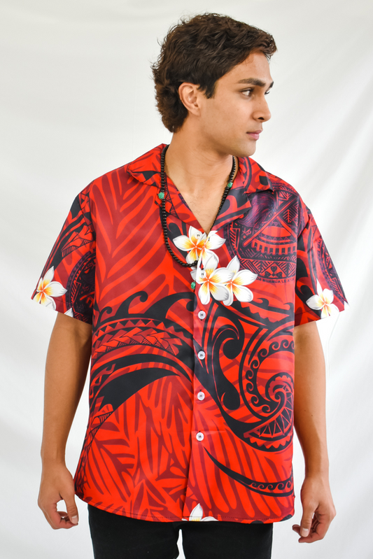 DAVID SHIRT - BUTTON UP WITH V-NECK - RED & BLACK