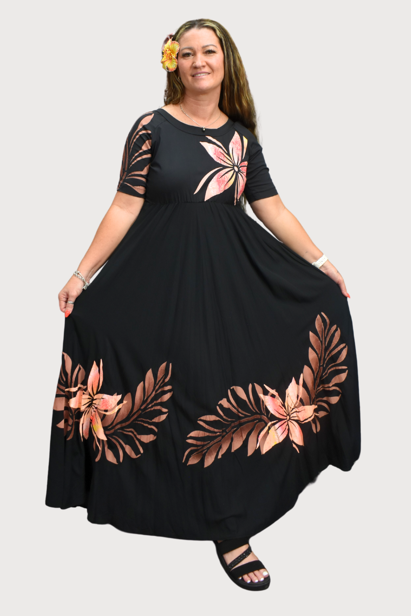 BLACK & BROWN FLORAL HIGH WAISTED DRESS - SIZE 14
