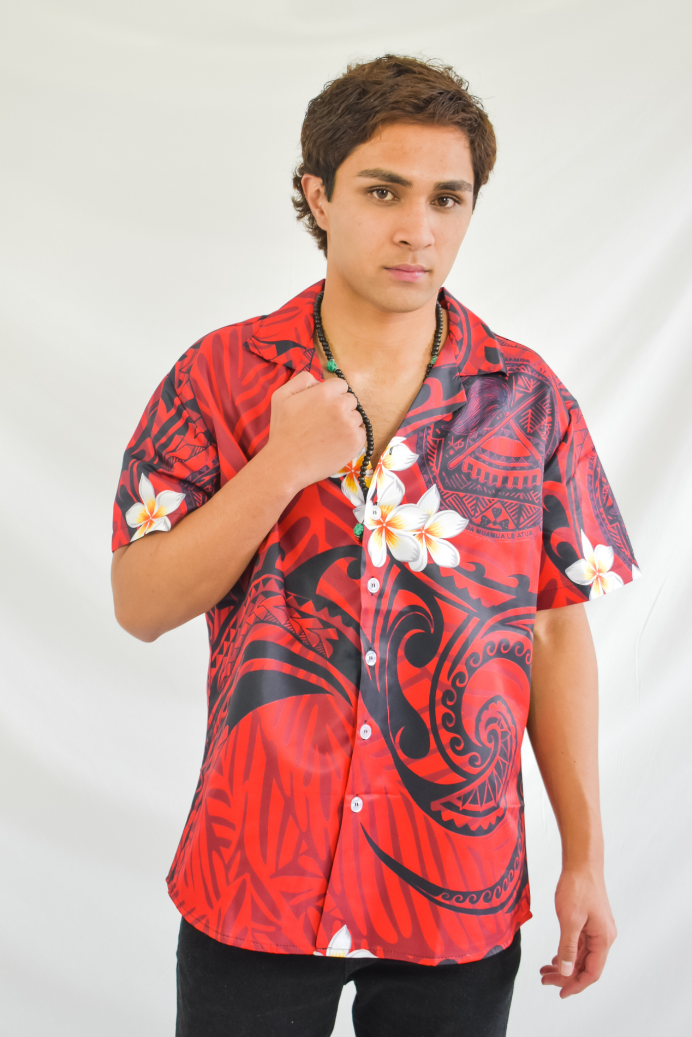 DAVID SHIRT - BUTTON UP WITH V-NECK - RED & BLACK