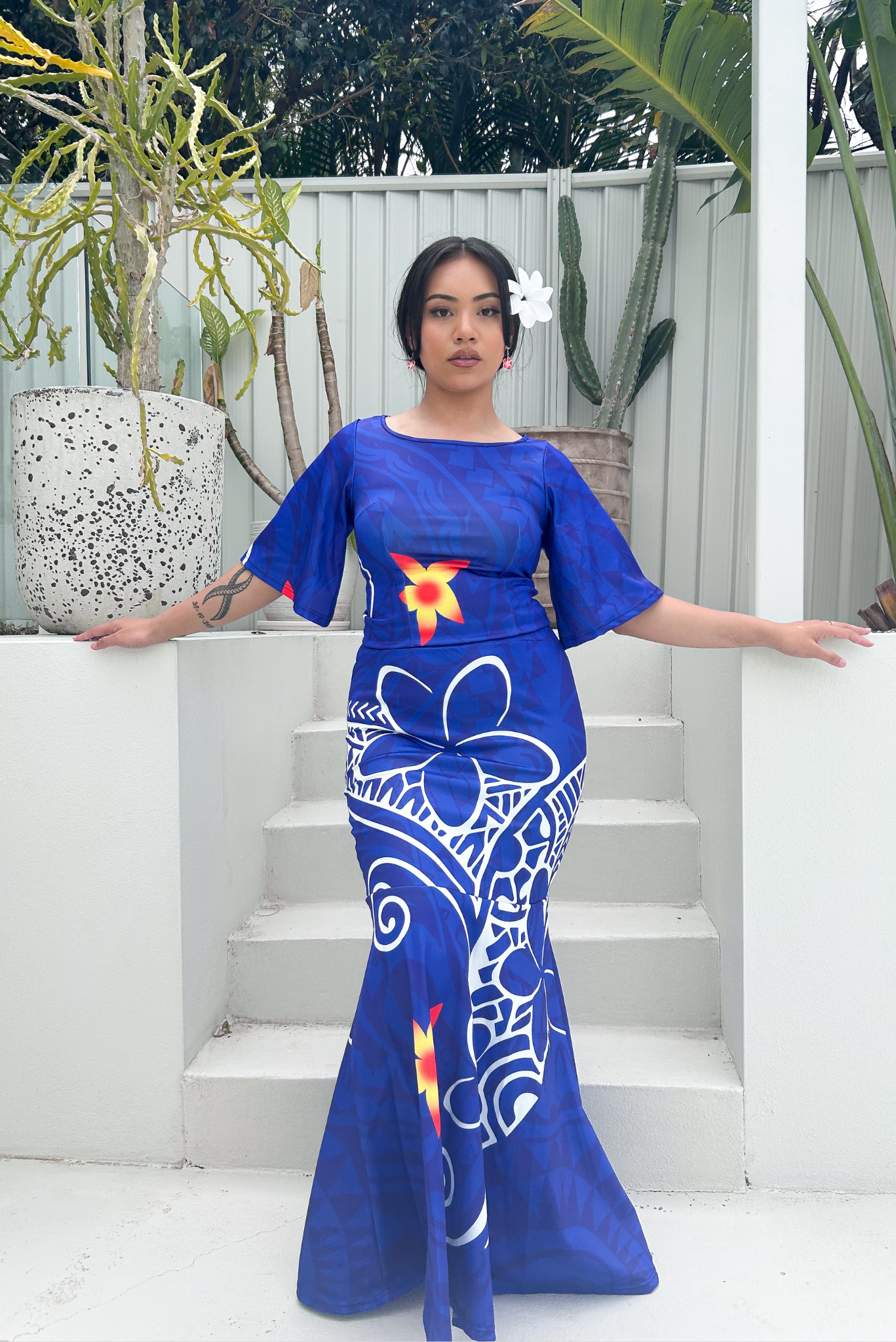 (PRE-ORDER) LUISA PULETASI - TWO PIECE PULETASI DRESS - ROYAL BLUE & WHITE