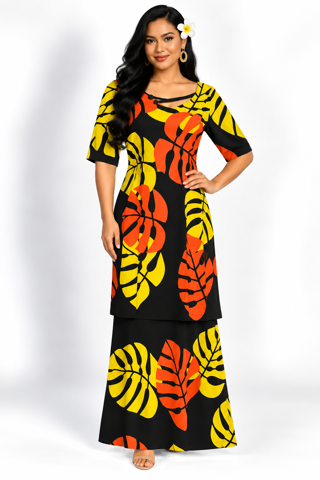 Black & Orange Floral Puletasi Size 16