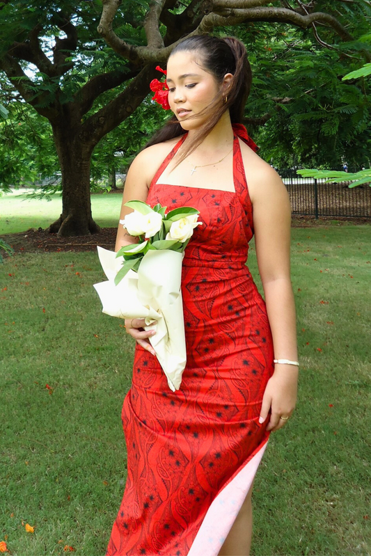 KIANA DRESS - SQUARE NECK HALTER MIDI LENGTH DRESS - RED & BLACK