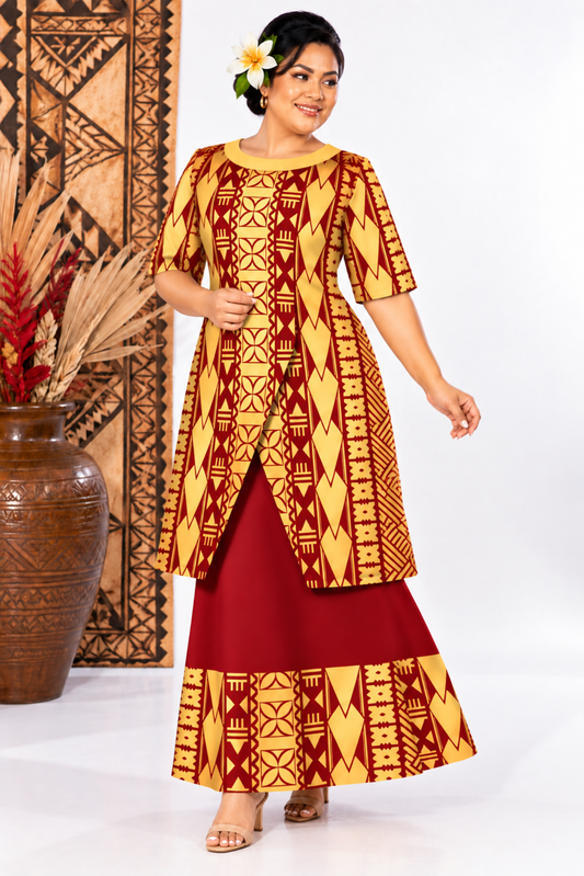(PRE-ORDER) ROUND NECK LAYERED PULETASI - TWO PIECE OUTFIT - GOLD & MAROON