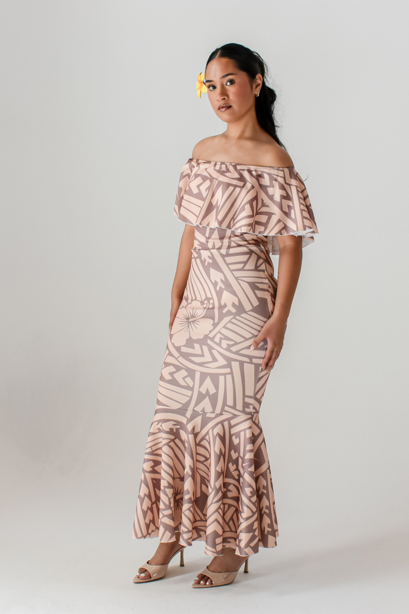 LALOLANI DRESS - OFF SHOULDER FRILL MAXI - TAN BROWN