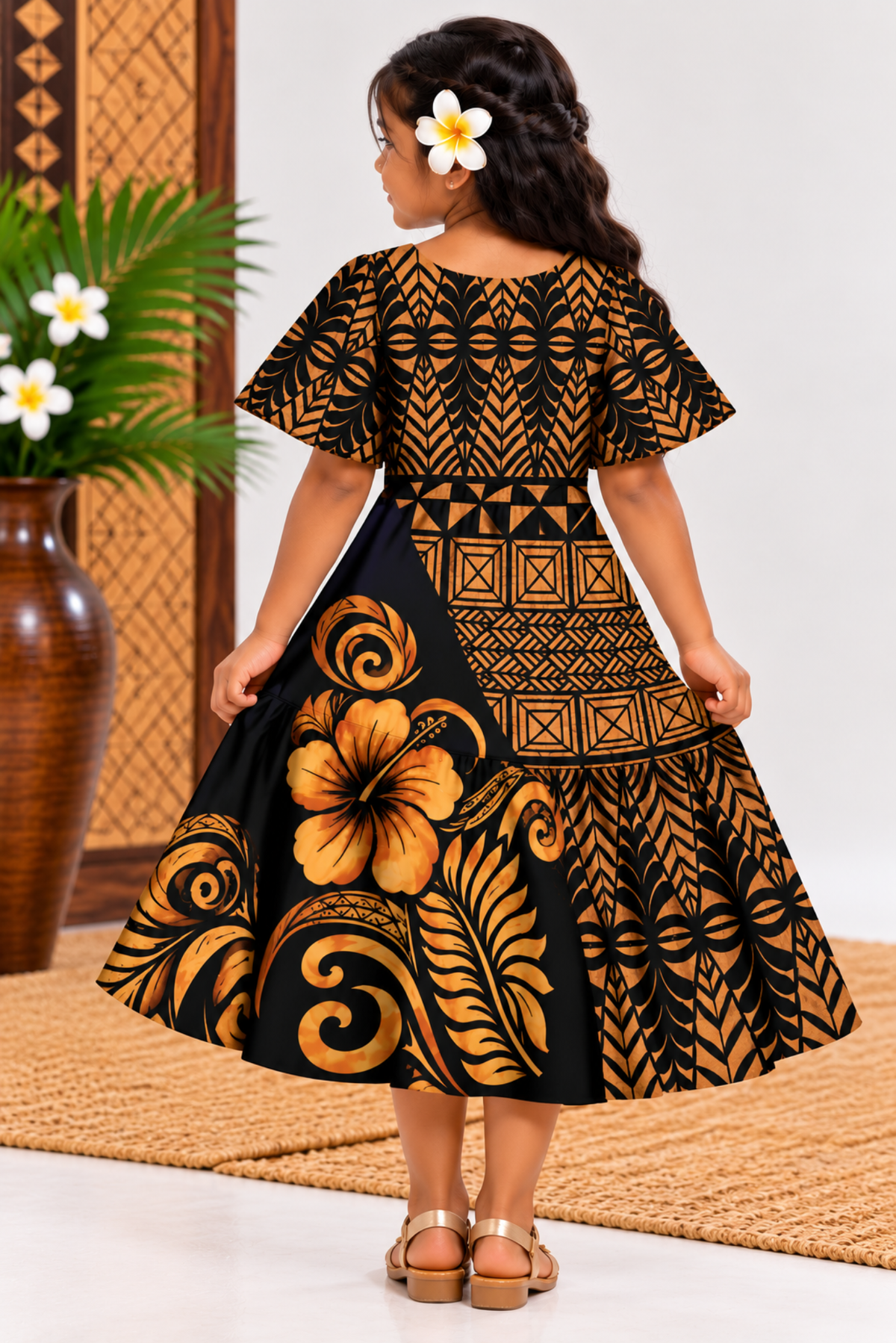 (PRE-ORDER) GIRLS DRESS - FLOWY DRESS - BEIGE & BLACK