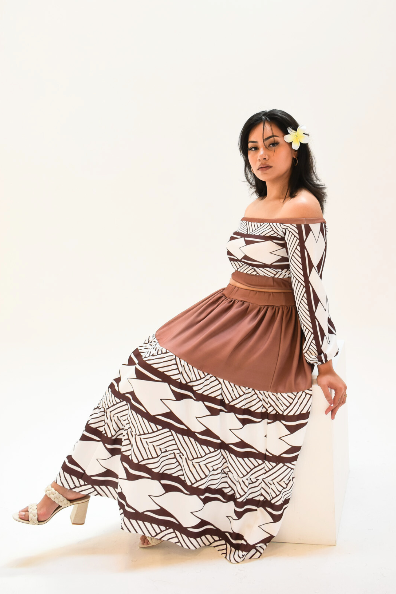 MIA DRESS - CROP TOP LONG SLEEVE DRESS - BROWN & WHITE