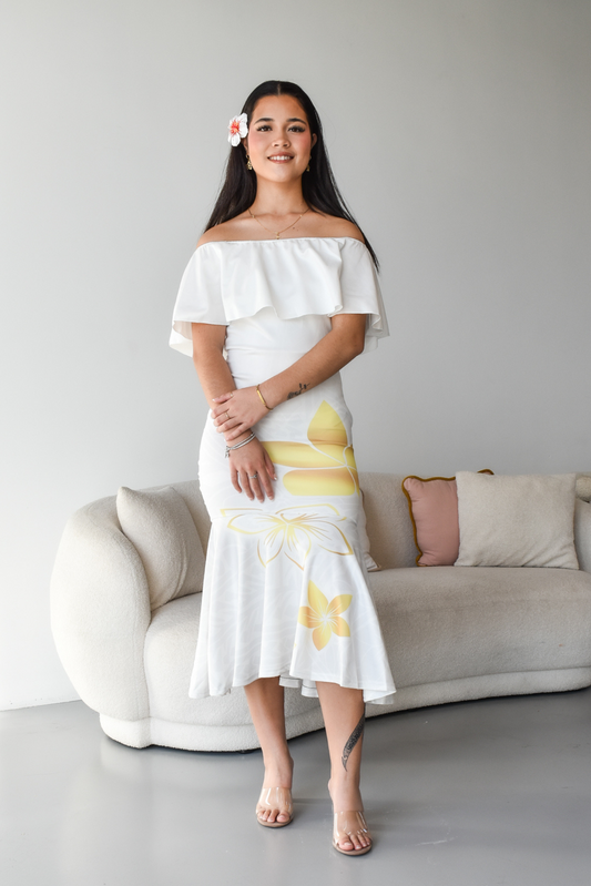 (PRE-ORDER) GOLD TIARE - OFF SHOULDER FRILL DRESS - GOLD & WHITE