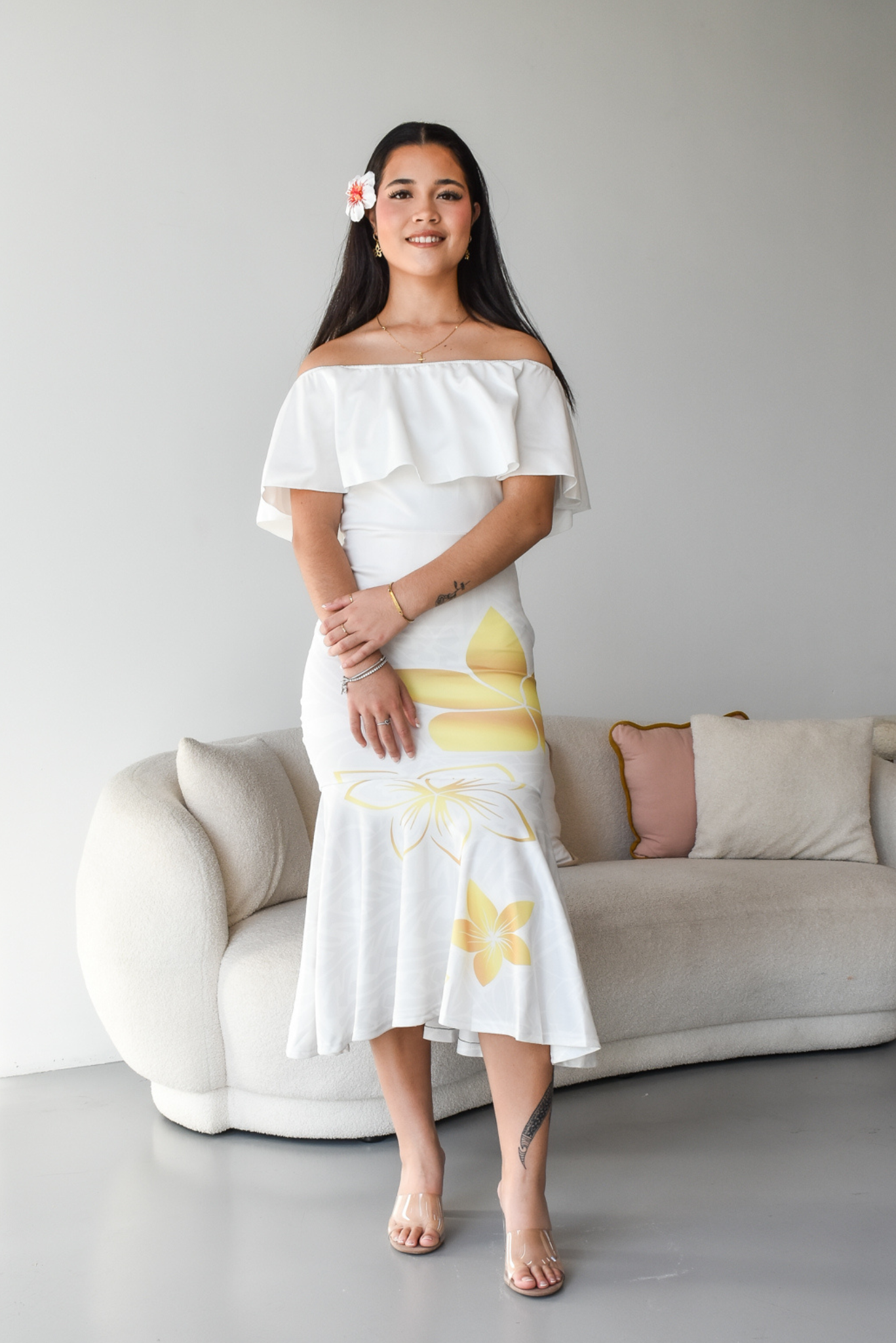 GOLD TIARE - OFF SHOULDER FRILL DRESS - GOLD & WHITE