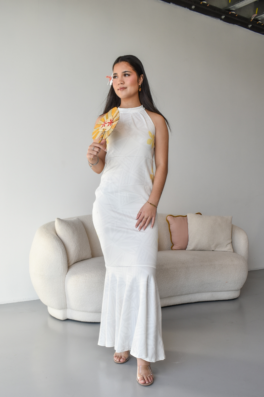 MINI TIARE - HALTER NECK MAXI DRESS - GOLD & WHITE