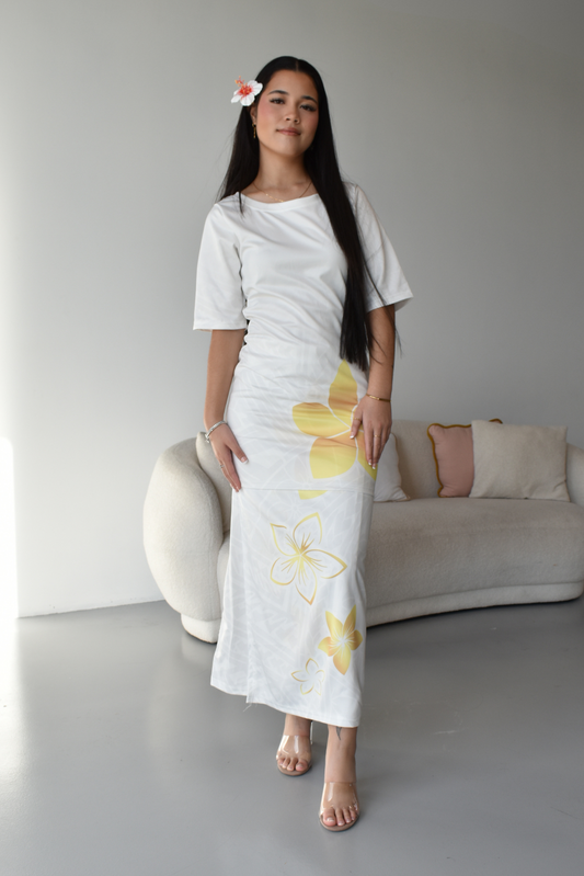 (PRE-ORDER) GOLD TIARE - ROUND NECK PULETASI - TWO PIECE - GOLD & WHITE