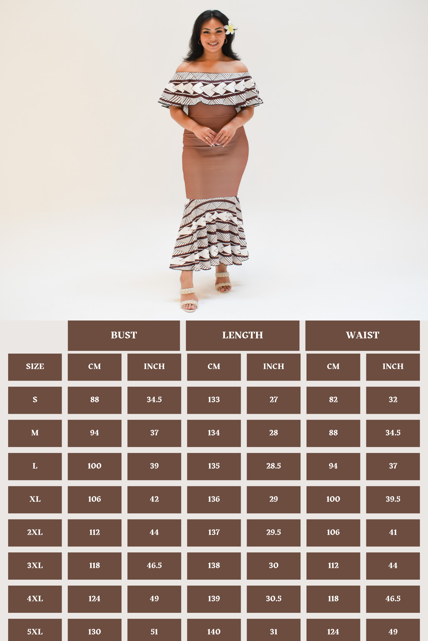 MIA DRESS - OFF SHOULDER FRILL DRESS - BROWN & WHITE