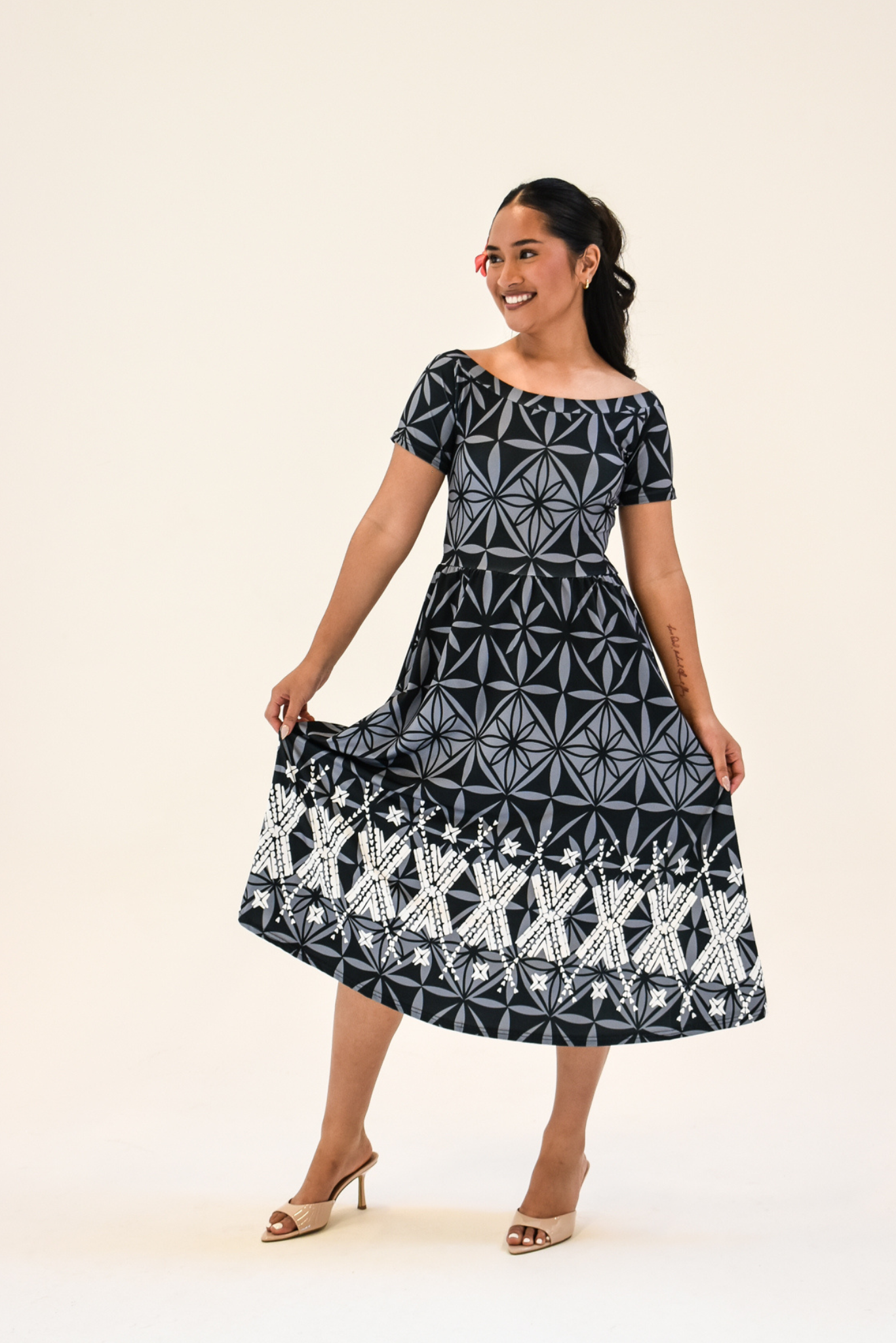 MONA DRESS - A LINE MIDI FLOW DRESS - BLACK & GREY