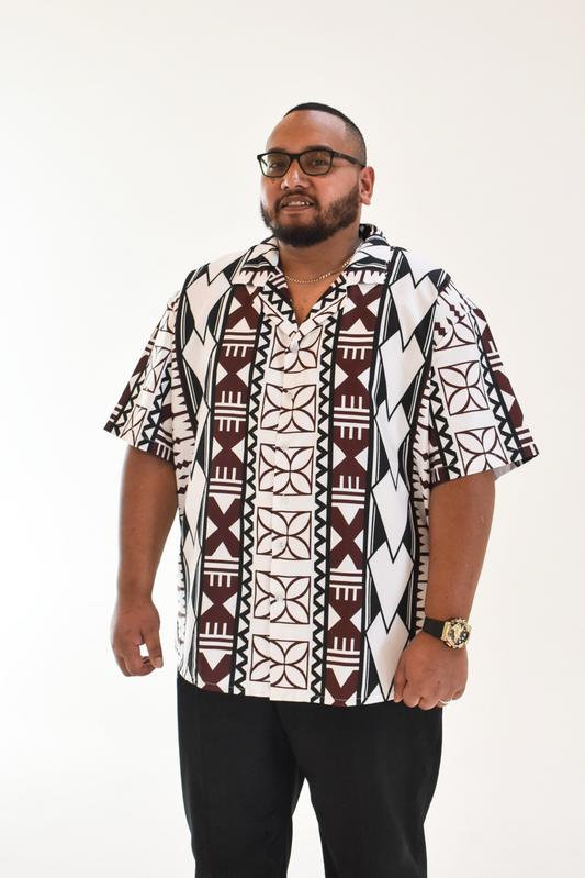 KEOLA SHIRT - COLLARED BUTTON UP SHIRT - WHITE MELANESIAN PATTERN