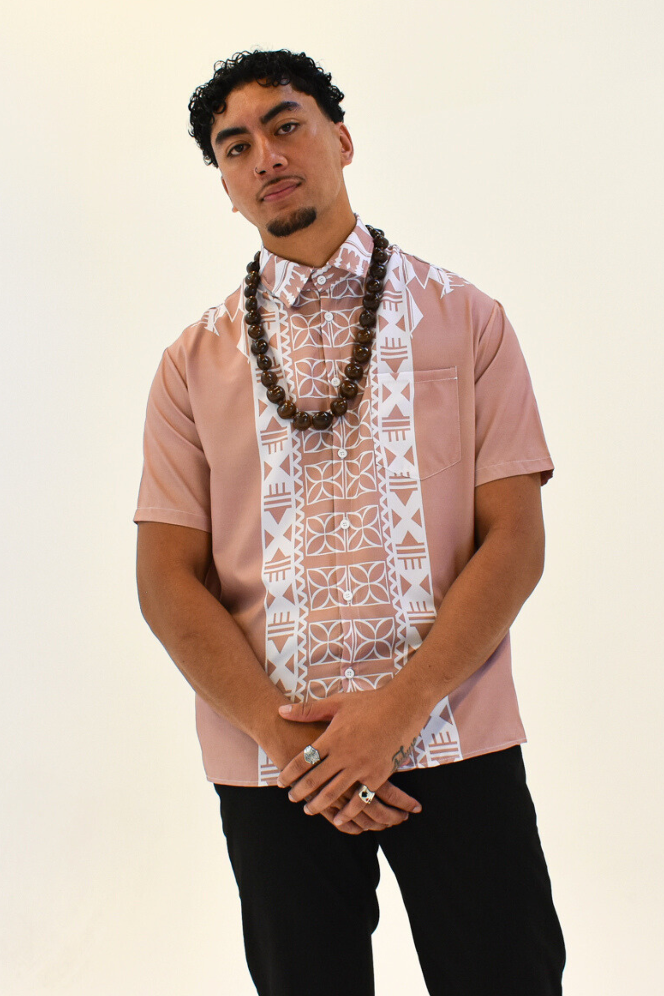 ESEKIA SHIRT - COLLARED BUTTON UP - ROSE BEIGE & WHITE