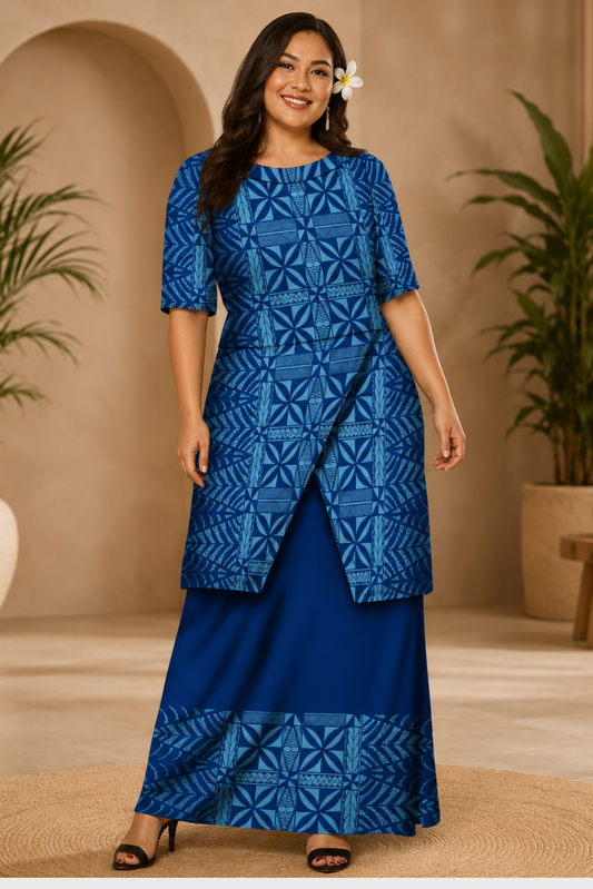 (PRE-ORDER) ROUND NECK LAYERED PULETASI - TWO PIECE OUTFIT - BLUE