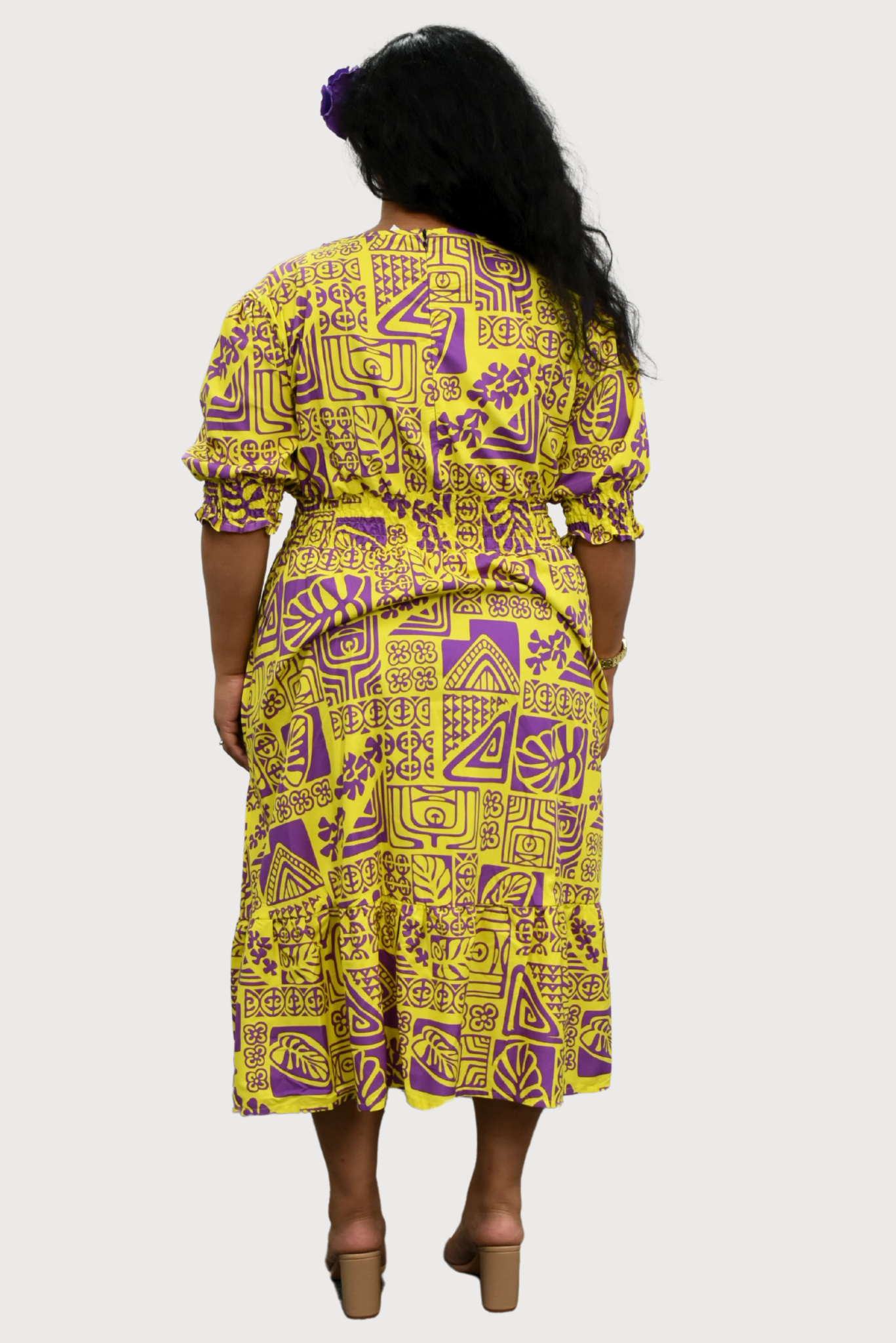 ANNA DRESS - ELASTIC WAIST A-LINE DRESS - YELLOW & PURPLE