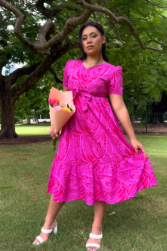 ANNA DRESS - V NECK MIDI LENGTH DRESS - HOT PINK