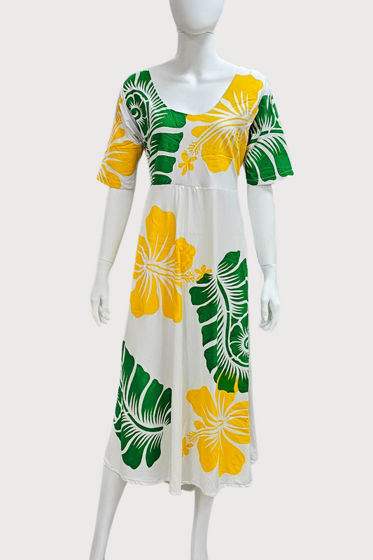 WHITE, GREEN & YELLOW FLORAL HIGHWAIST DRESS