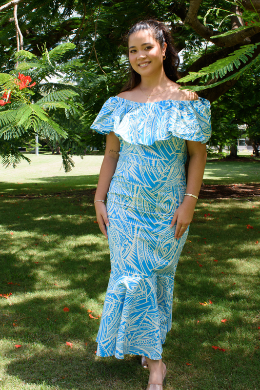 LEIA DRESS - OFF SHOULDER FRILL MAXI DRESS - LIGHT BLUE