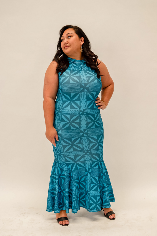 MATIE DRESS HALTER NECK WITH FLARE DRESS - TEAL BLUE