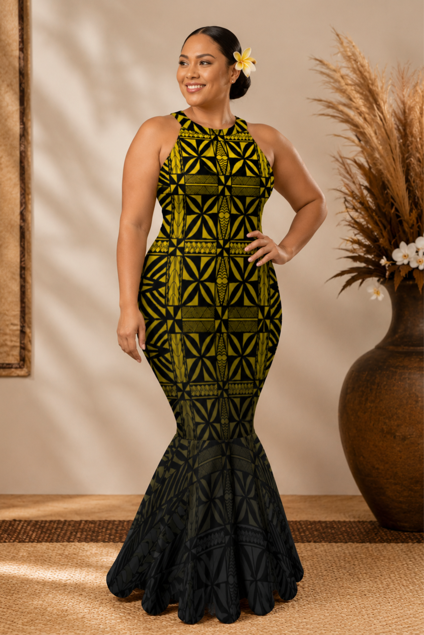 DRESS - HALTER MAXI DRESS - BLACK & YELLOW