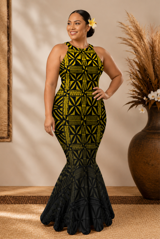 DRESS - HALTER MAXI DRESS - BLACK & YELLOW