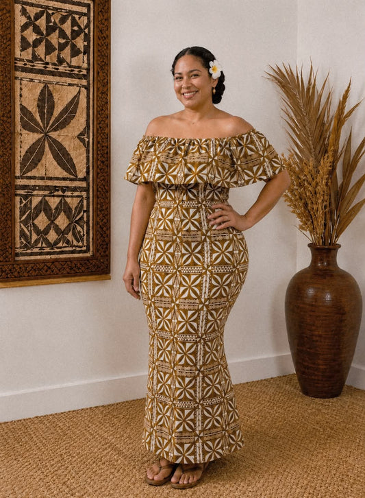LANI - OFF SHOULDER FRILL MIDI DRESS - BRONZE & WHITE