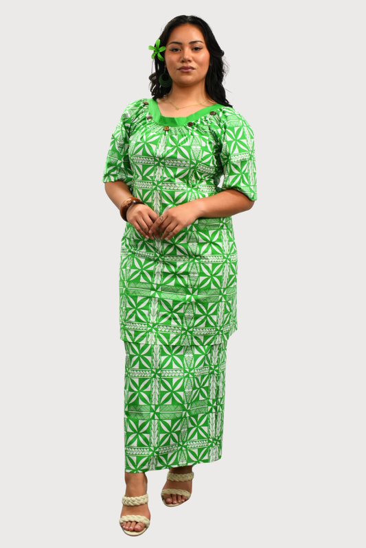 CYNTHIA PULETASI - ROUND NECK PULETASI - GREEN & WHITE