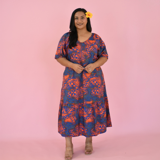 ANNA DRESS - V NECK MIDI LENGTH DRESS - BLUE & RED