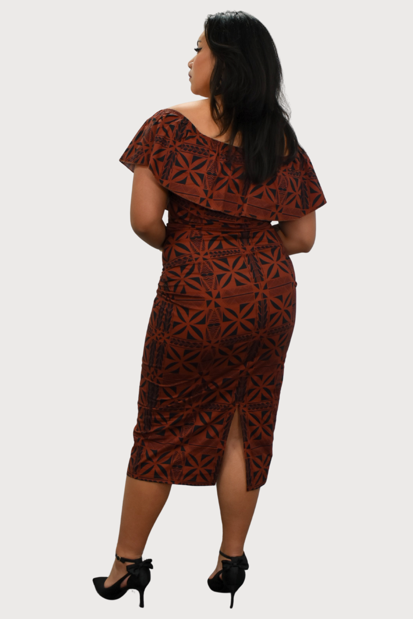 LANI - OFF SHOULDER FRILL MIDI DRESS - BROWN & BLACK
