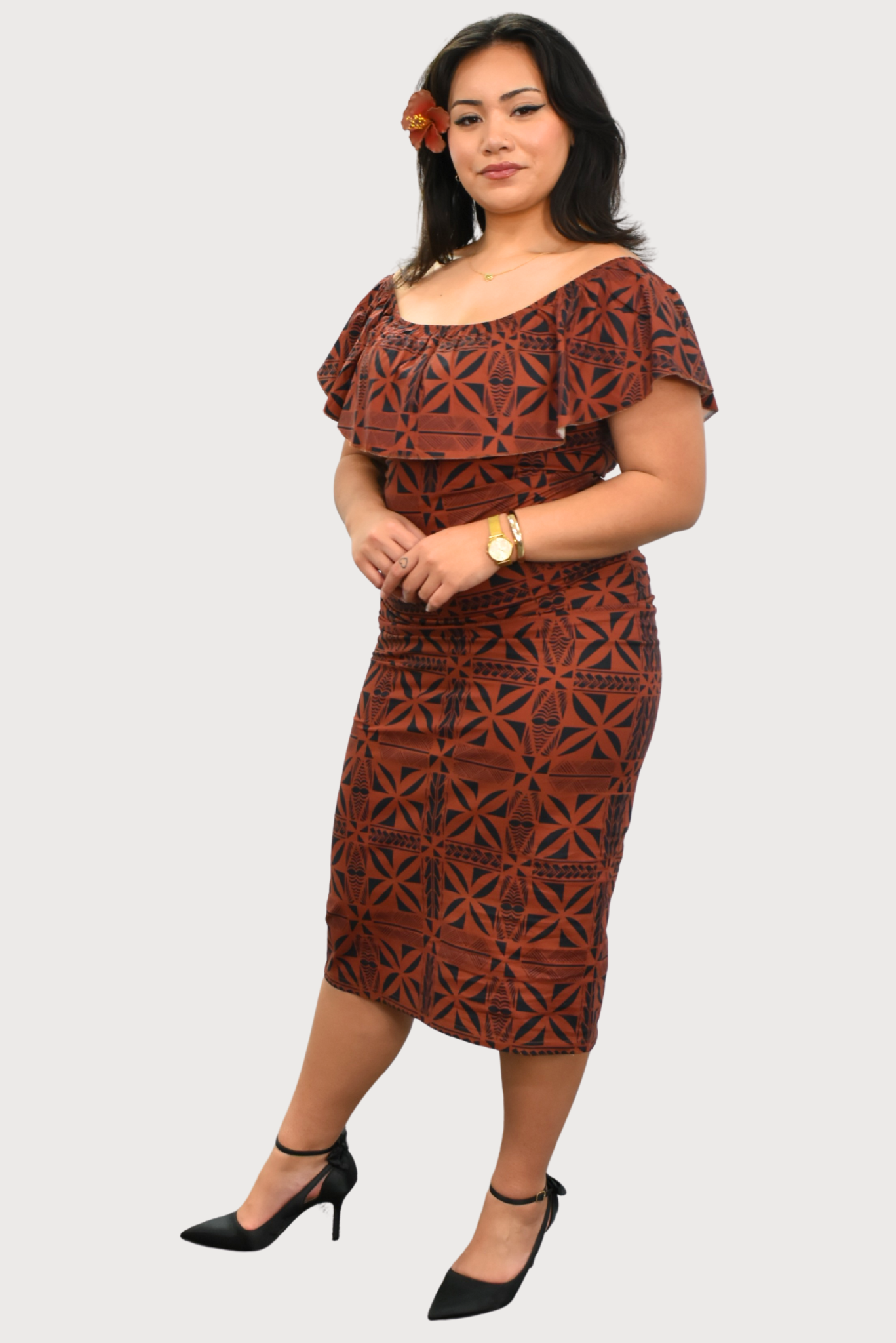 LANI - OFF SHOULDER FRILL MIDI DRESS - BROWN & BLACK