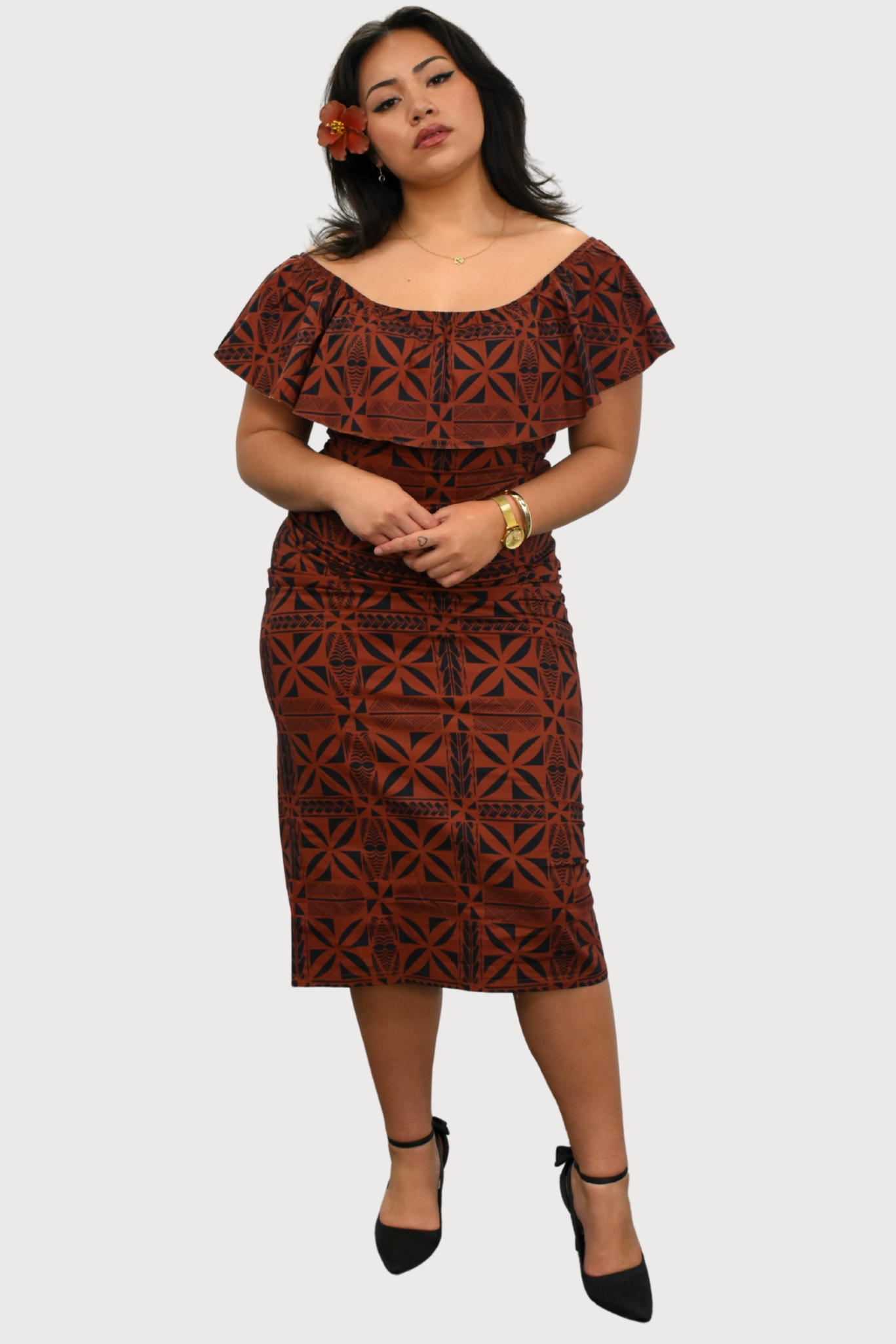 LANI - OFF SHOULDER FRILL MIDI DRESS - BROWN & BLACK